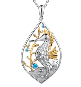 SS Gold Plated Seahorse Pendant with Blue Topaz