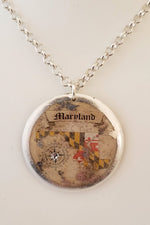 Maryland Vintage Map/MD Flag/Compass Disc Necklace Silver Flake-20