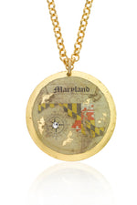 Maryland Vintage Map / Md Flag / Compass Disc Necklace