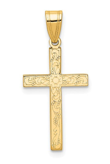 14KY Etched Floral Cross Pendant